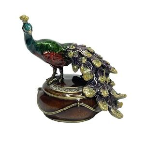 Hand Painted Jeweled Rhinestone Enameled Peacock Trinket Box Hinged Magnetic Lid